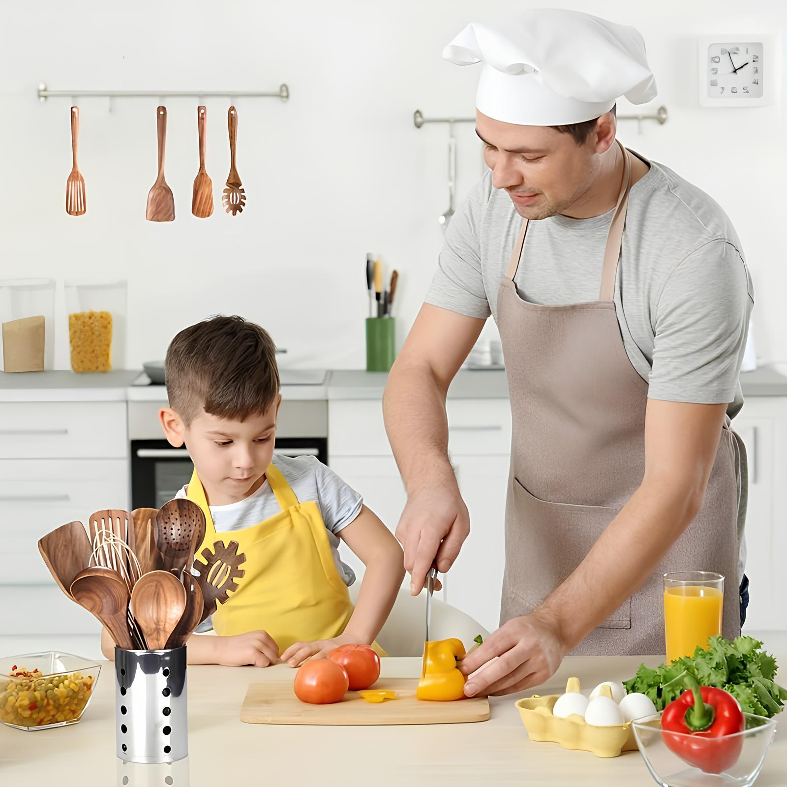 Conjunto de Utensílios de Cozinha Suporte em Madeira de Teca Cozinha Diária