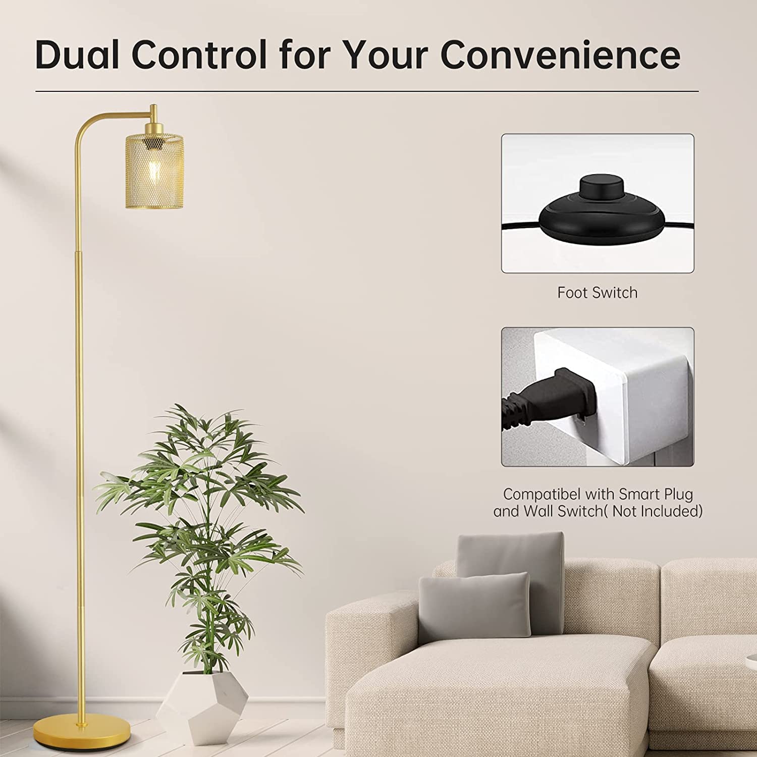 Lampada da terra dorata in stile industriale