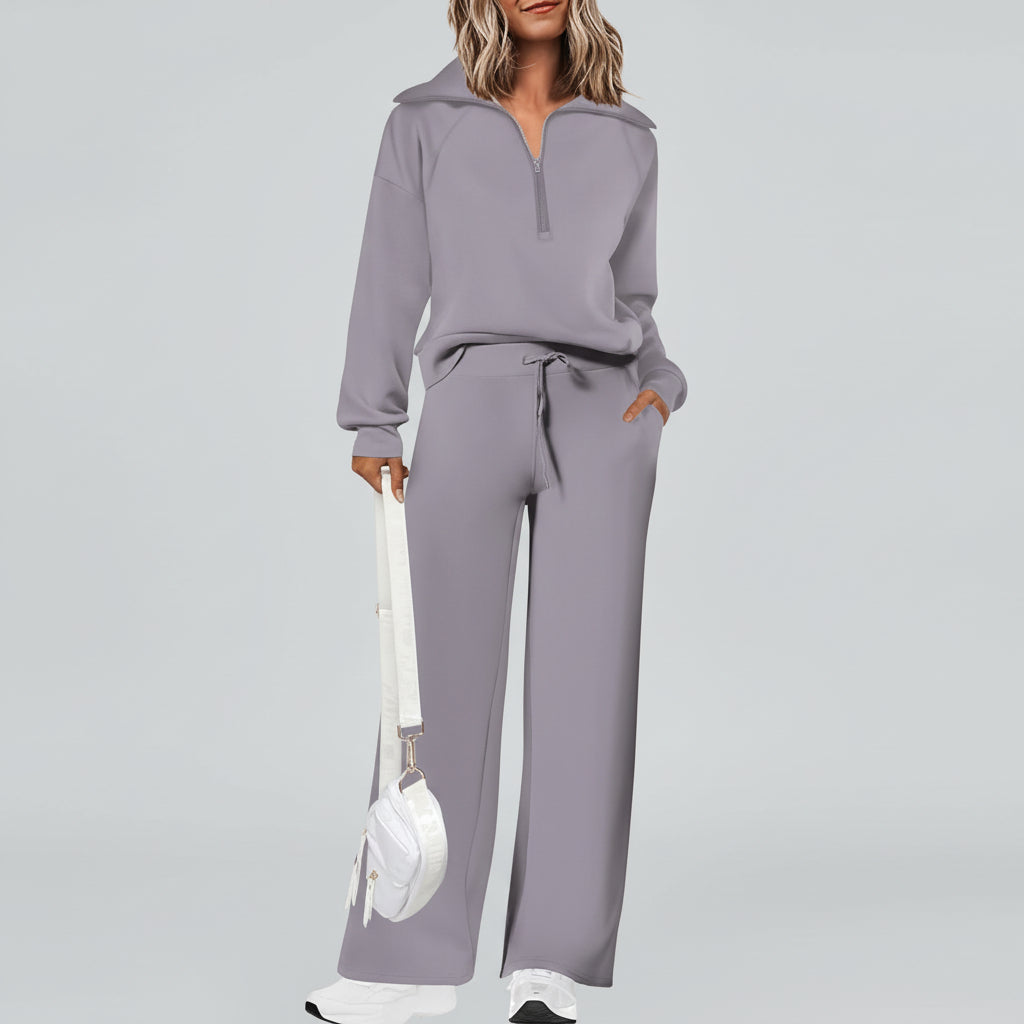 Conjunto Casual para Senhora com Sweatshirt de Meio Fecho e Calças Palazzo