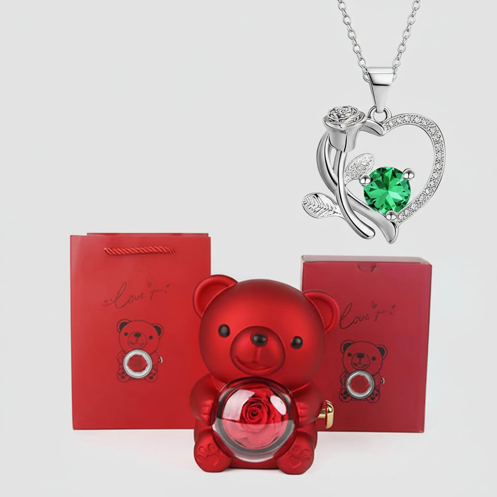 Rode Beer Jewelry Heart Shaped Crystal Silver Necklace