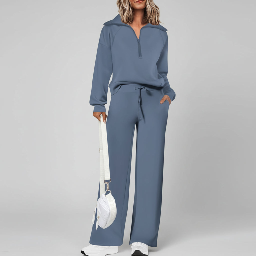 Casual Dames Tracksuit Set Half Zip Sweatshirt Palazzo Pants