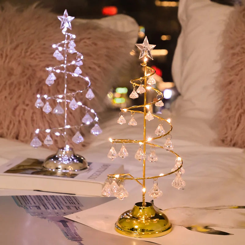 CrystalGlow - Lámpara de mesa de árbol de Navidad con decoración de cristal y luz LED