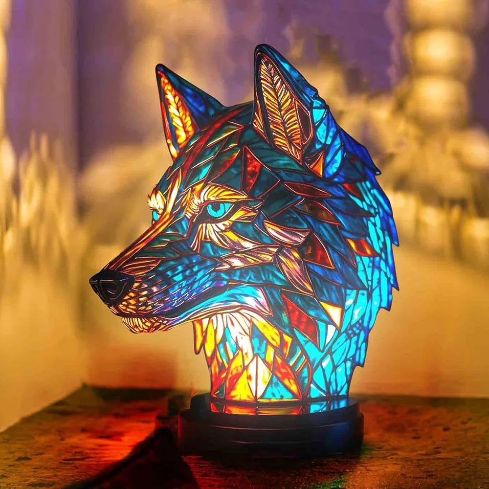 TiffanyGlow - Lámpara nocturna con cabeza de animal colorida – Lámpara de vidrio Tiffany hecha a mano