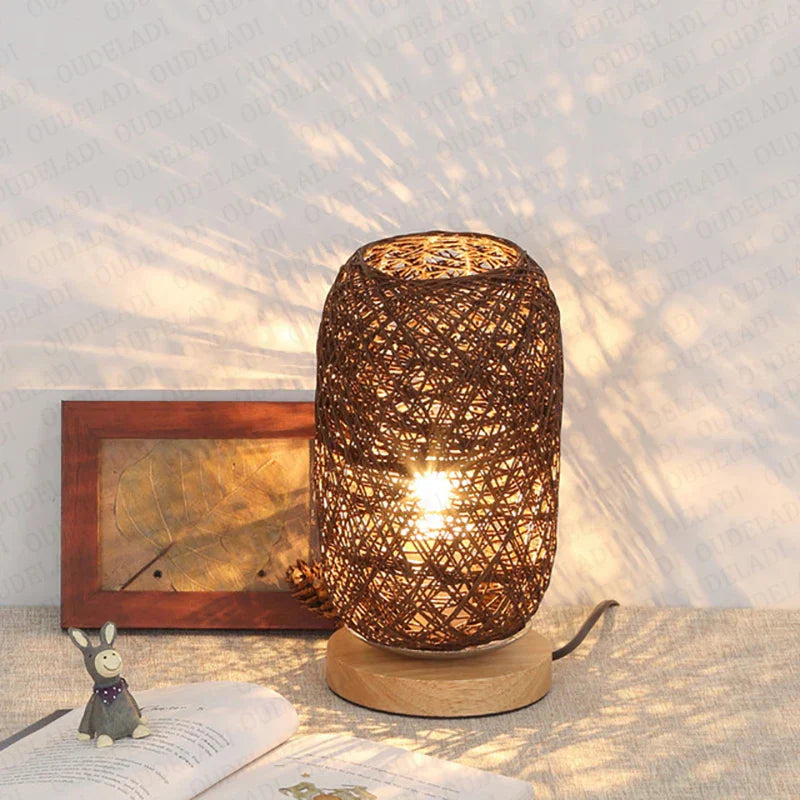 RusticGlow - Wooden Table Lamp with Rope Design – Handmade LED Decorative Lamp