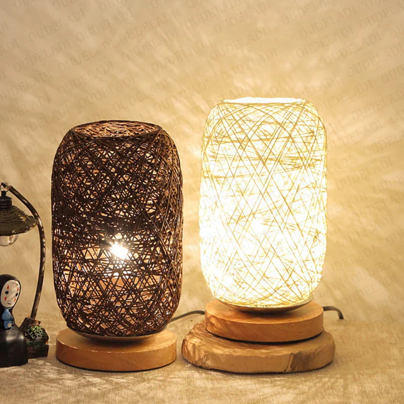 RusticGlow - Wooden Table Lamp with Rope Design – Handmade LED Decorative Lamp
