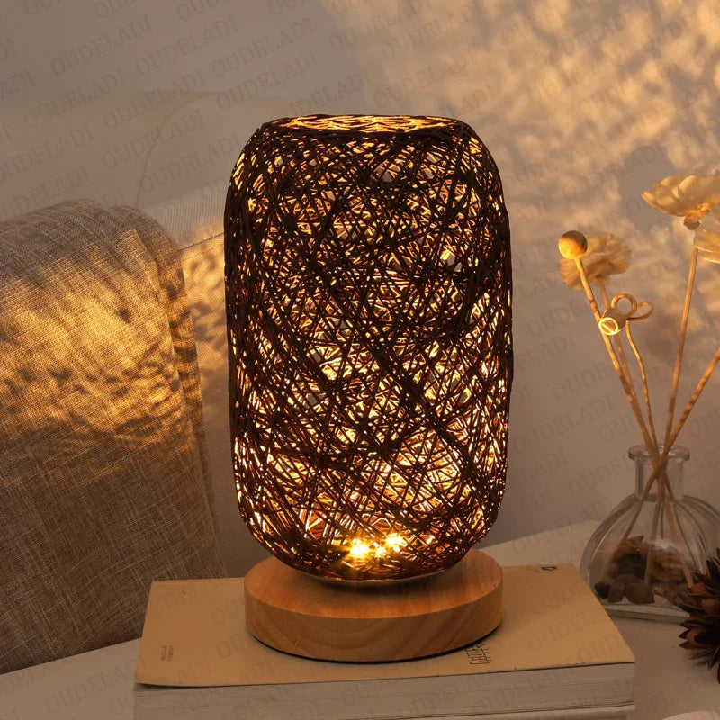 RusticGlow - Wooden Table Lamp with Rope Design – Handmade LED Decorative Lamp