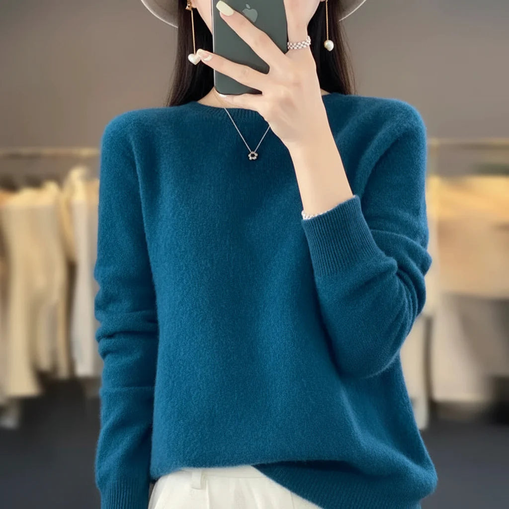 Camisola de Senhora Gola Redonda Conforto Diário Pulôver Leve e Quente