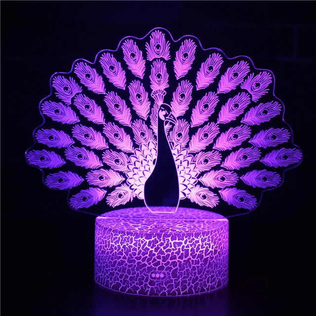 PeacockGlow - LED Nachtlamp met 3D Effect en Kleurenwissel, Decoratieve Tafellamp