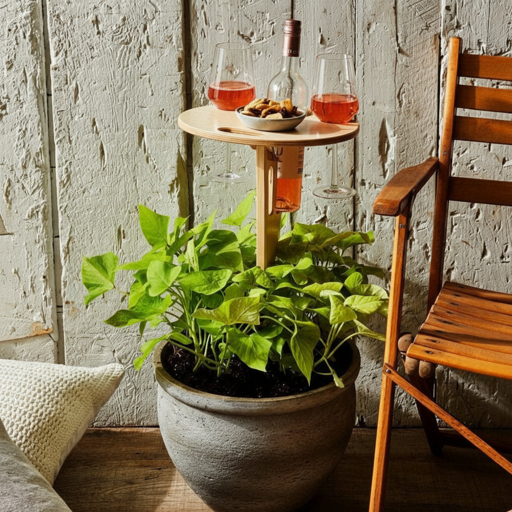 Mesa de jardim para piquenique Mesa de vinho Suportes de garrafa e copo em madeira para exterior