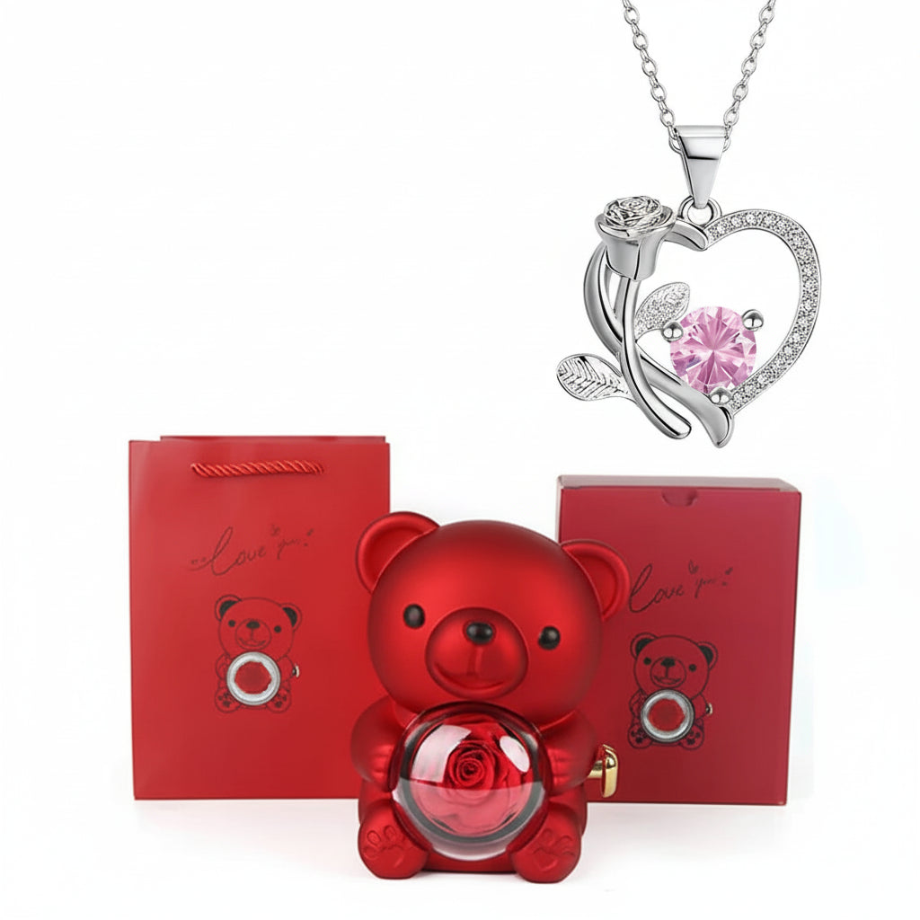 Rode Beer Jewelry Heart Shaped Crystal Silver Necklace