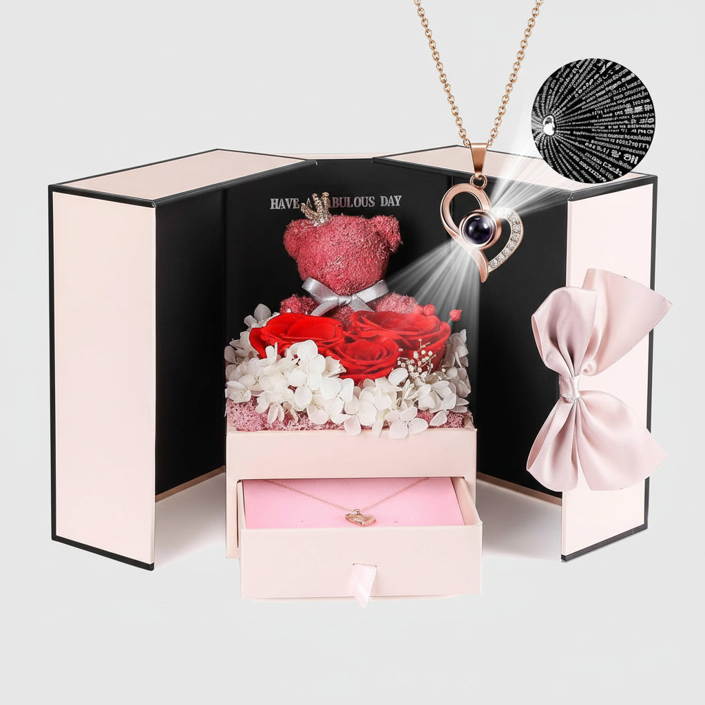 Caixa de Presente Rose Guardada Urso Feito à Mão Colar Eu Amo-Te