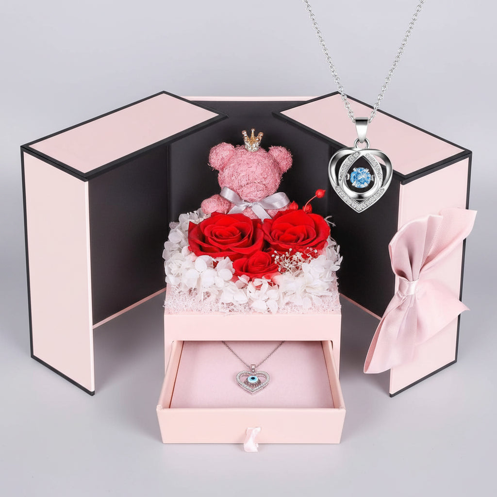 Caixa de Presente Rose Guardada Urso Feito à Mão Colar Eu Amo-Te