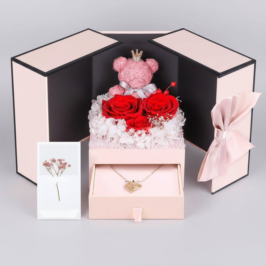 Caixa de Presente Rose Guardada Urso Feito à Mão Colar Eu Amo-Te