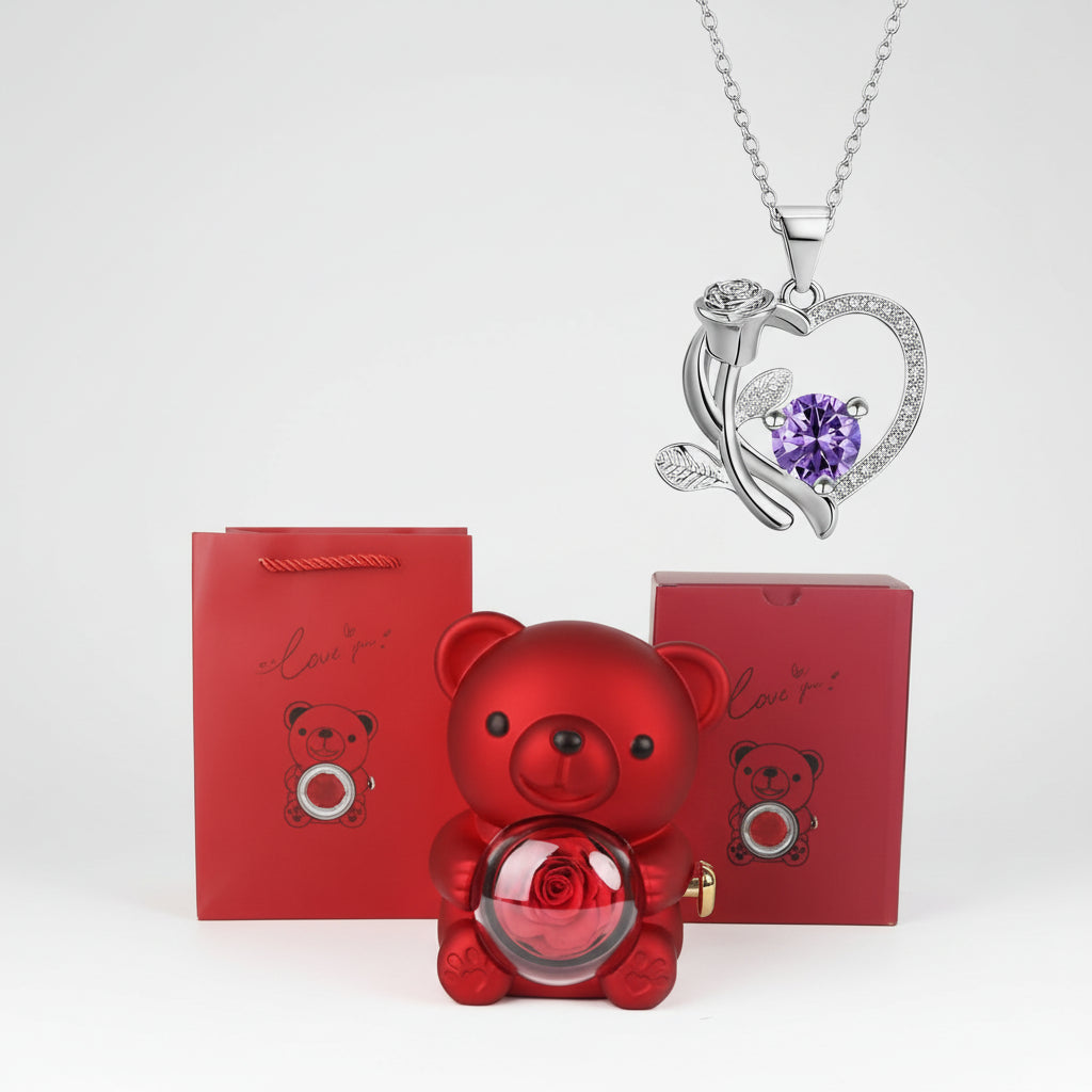 Rode Beer Jewelry Heart Shaped Crystal Silver Necklace