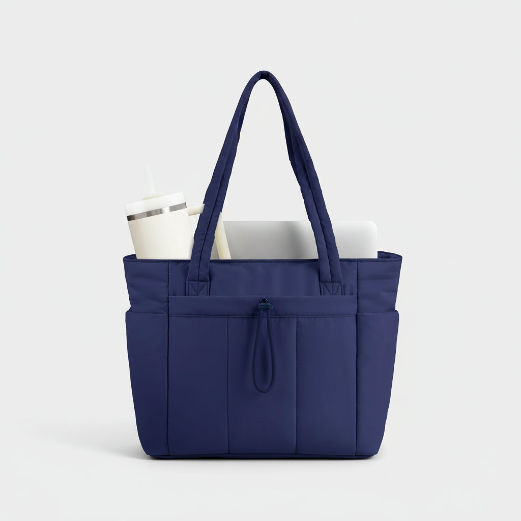 Quilted Tote Bag with Padded Laptop Sleeve and Tumbler Holder 11
