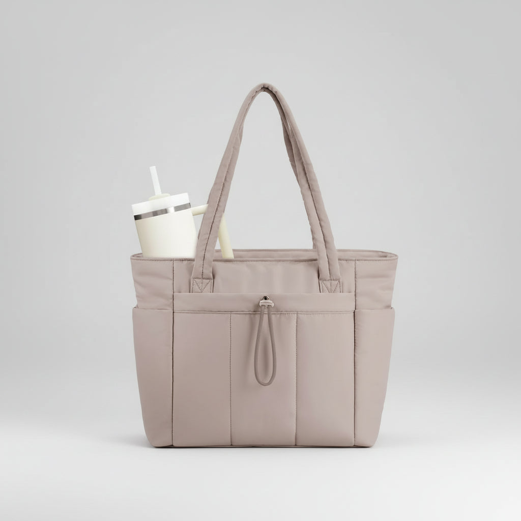 Quilted Tote Bag with Padded Laptop Sleeve and Tumbler Holder 9