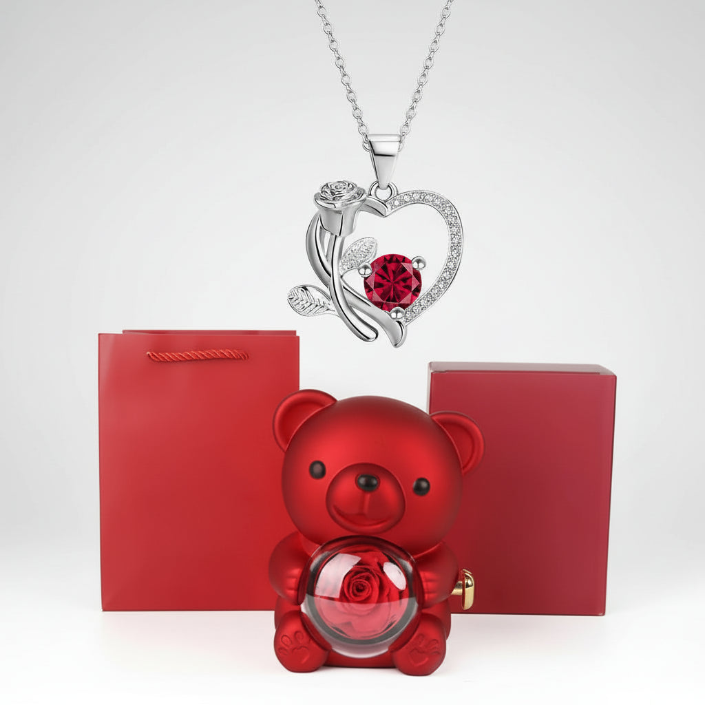 Rode Beer Jewelry Heart Shaped Crystal Silver Necklace