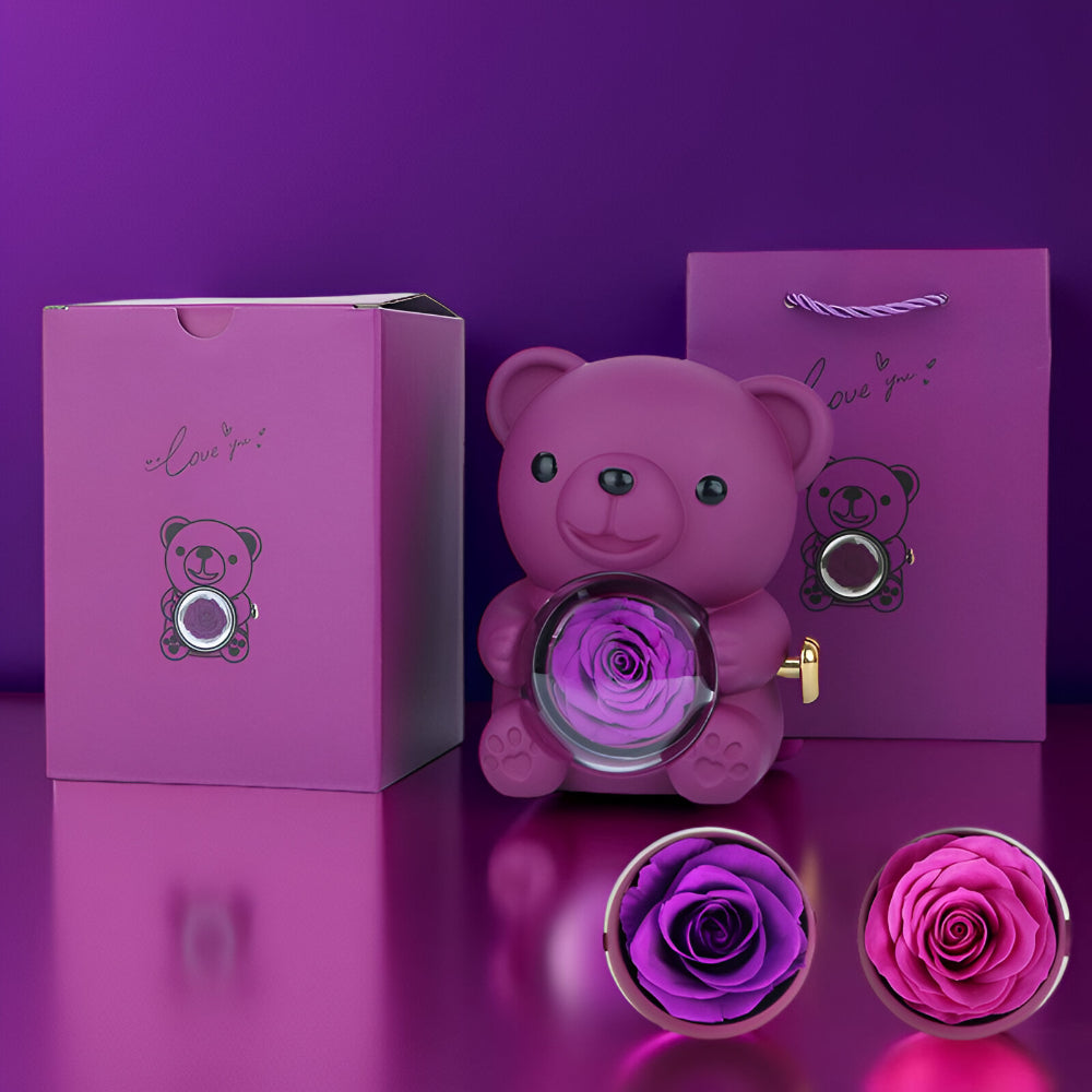 Romantic Teddy Bear Preserved Rose Heart Necklace Gift