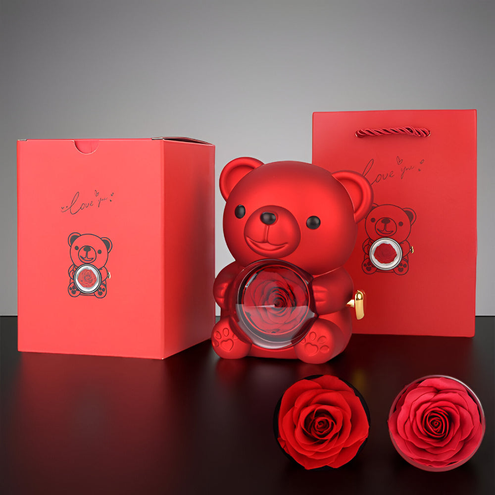 Romantic Teddy Bear Preserved Rose Heart Necklace Gift