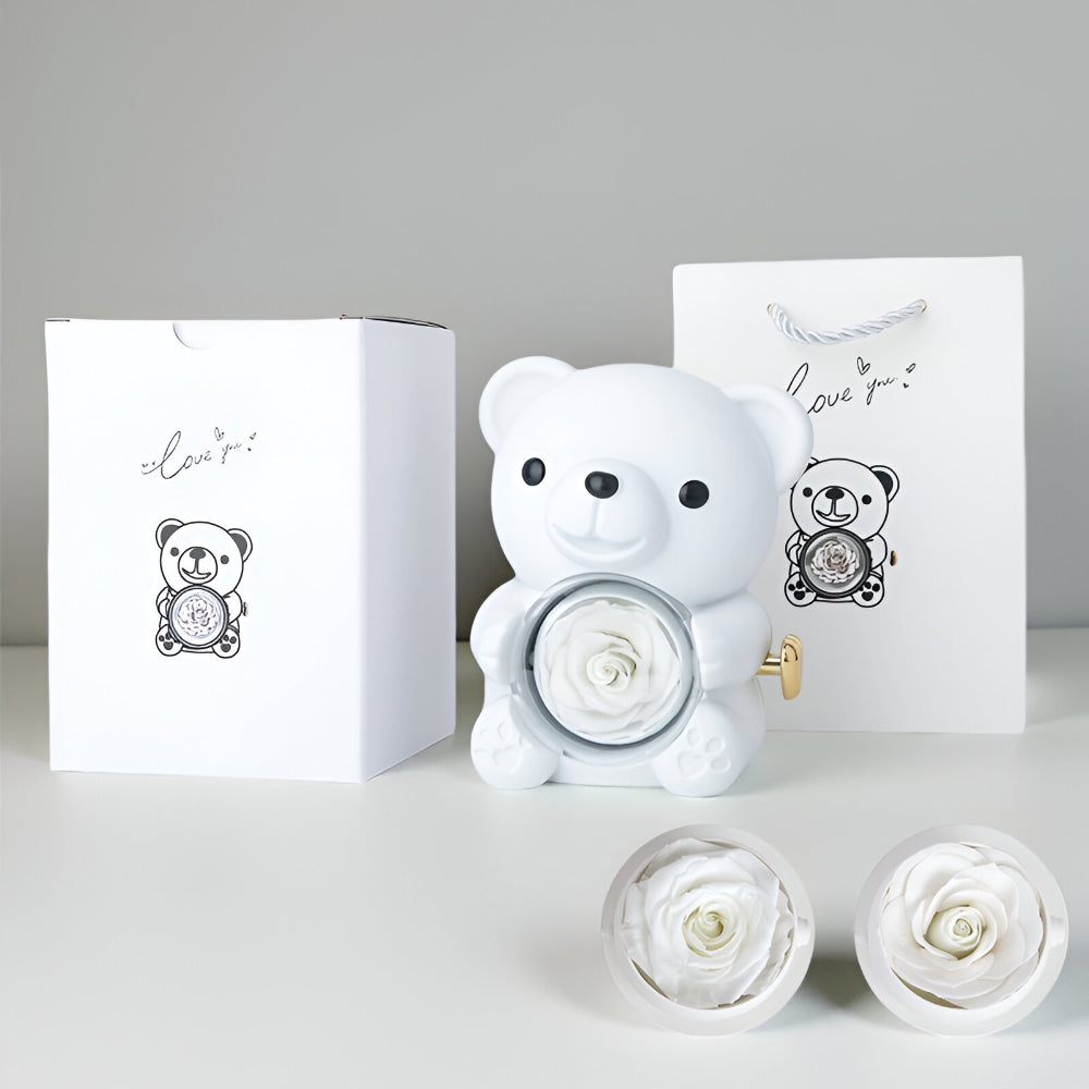 Romantic Teddy Bear Preserved Rose Heart Necklace Gift