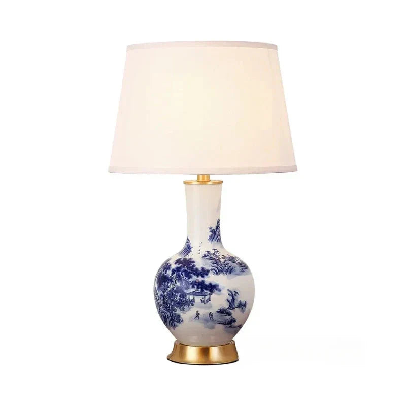LumiChinois - Keramische Tafellamp in Chinoiserie Stijl met Stoffen Lampenkap