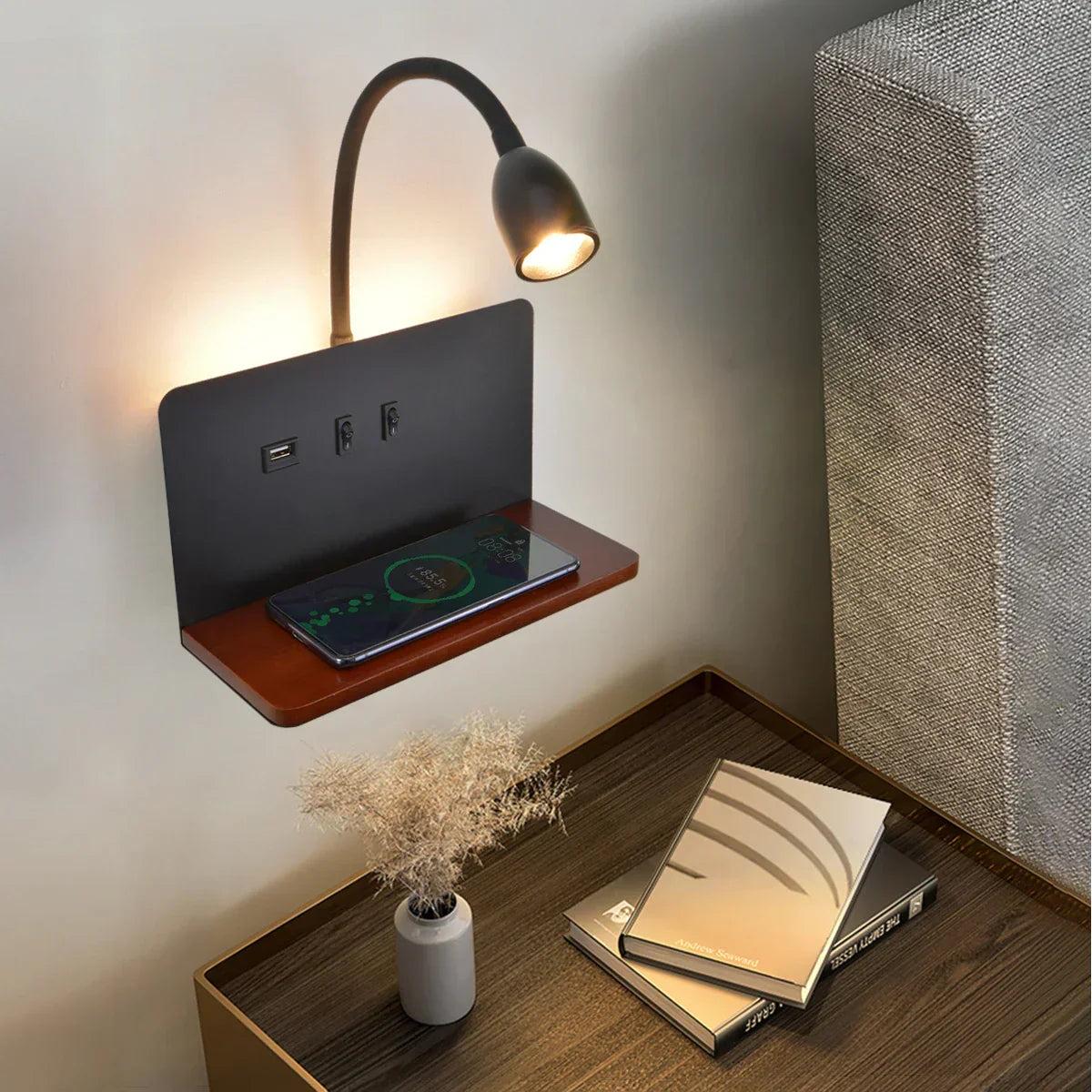 BrightShelf - LED Wall Lamp with USB Port and Shelf
