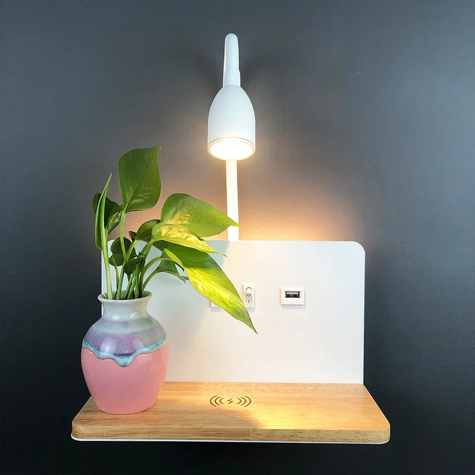 BrightShelf - Lámpara de pared LED con puerto USB y estante