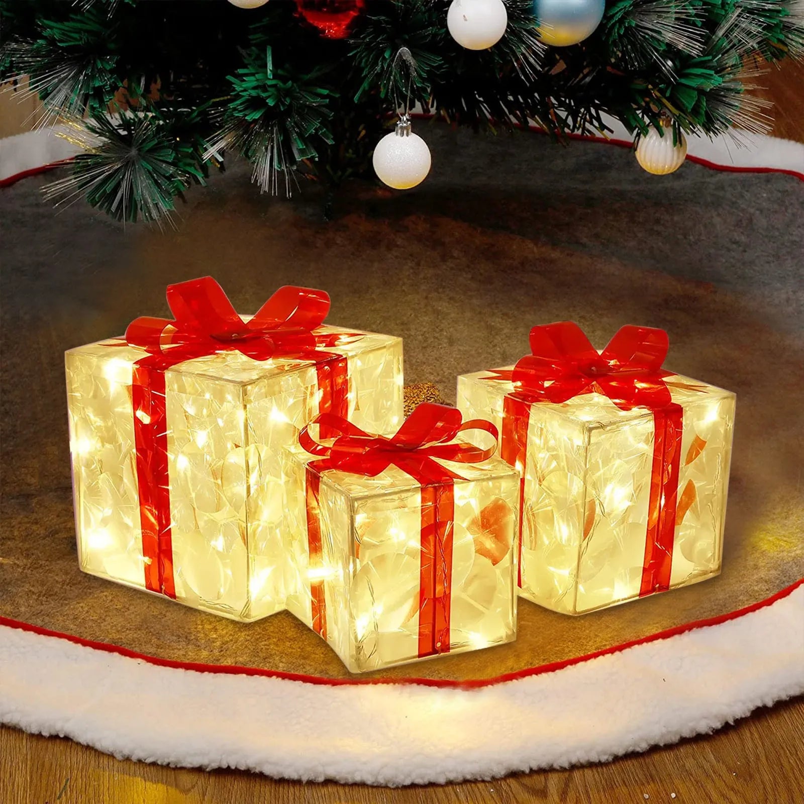 Christmas Shine - Illuminated Gift Box Ornament with Bow