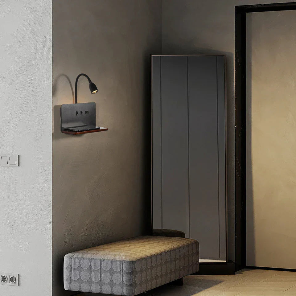 BrightShelf - Lámpara de pared LED con puerto USB y estante