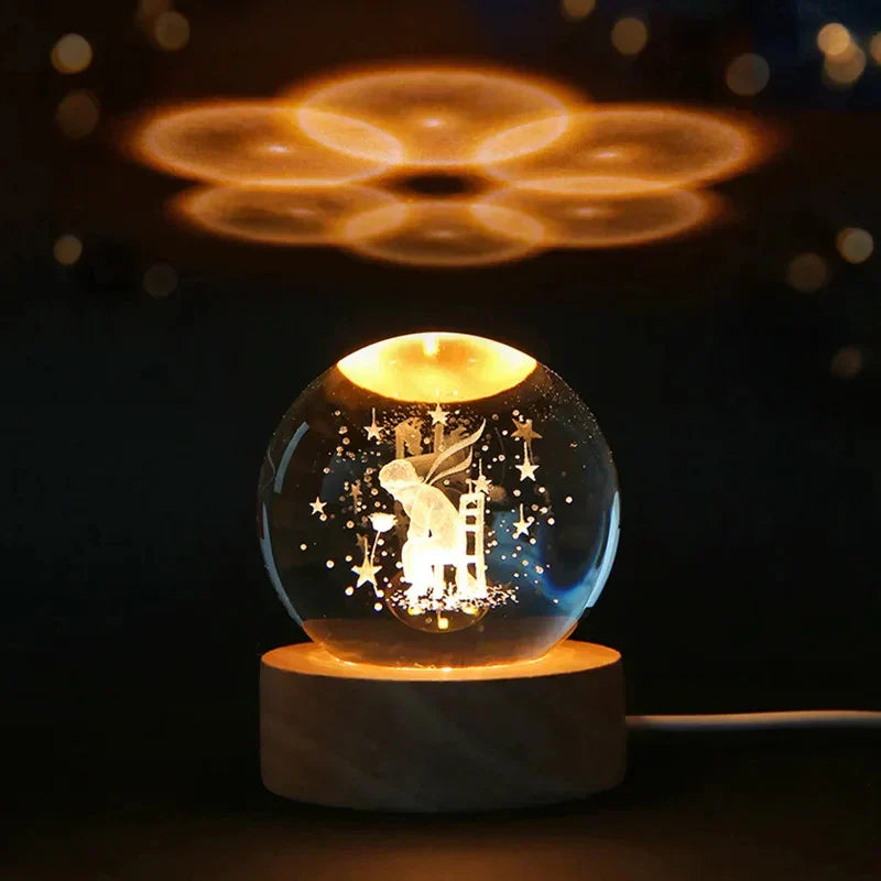 LumiCrystal - 3D LED Nachtlamp met Sterrenprojectie en Houten Basis