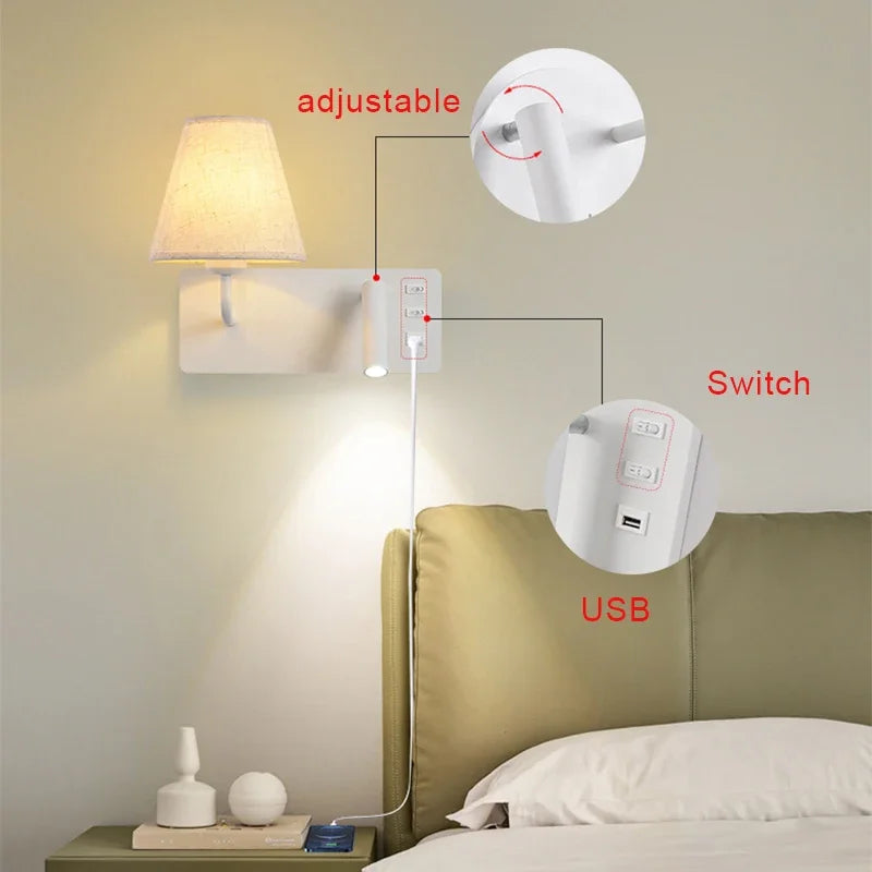 LuminoWall - Lámpara de pared moderna con USB y luz de lectura