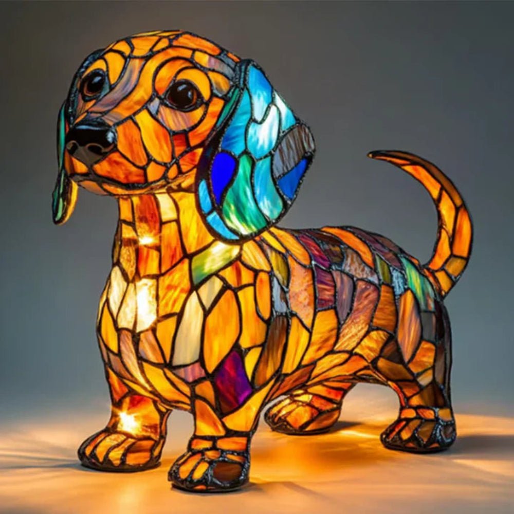 Candeeiro de mesa vidro estilo Tiffany figura de cão iluminação ambiente quente