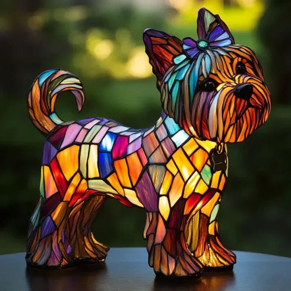 Candeeiro de mesa vidro estilo Tiffany figura de cão iluminação ambiente quente