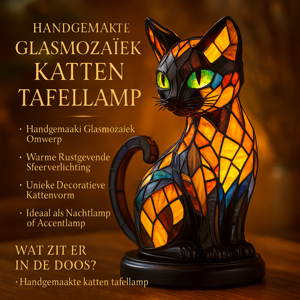 Tafellamp Glasmozaïek Kat Warm Sfeerverlichting Decoratie