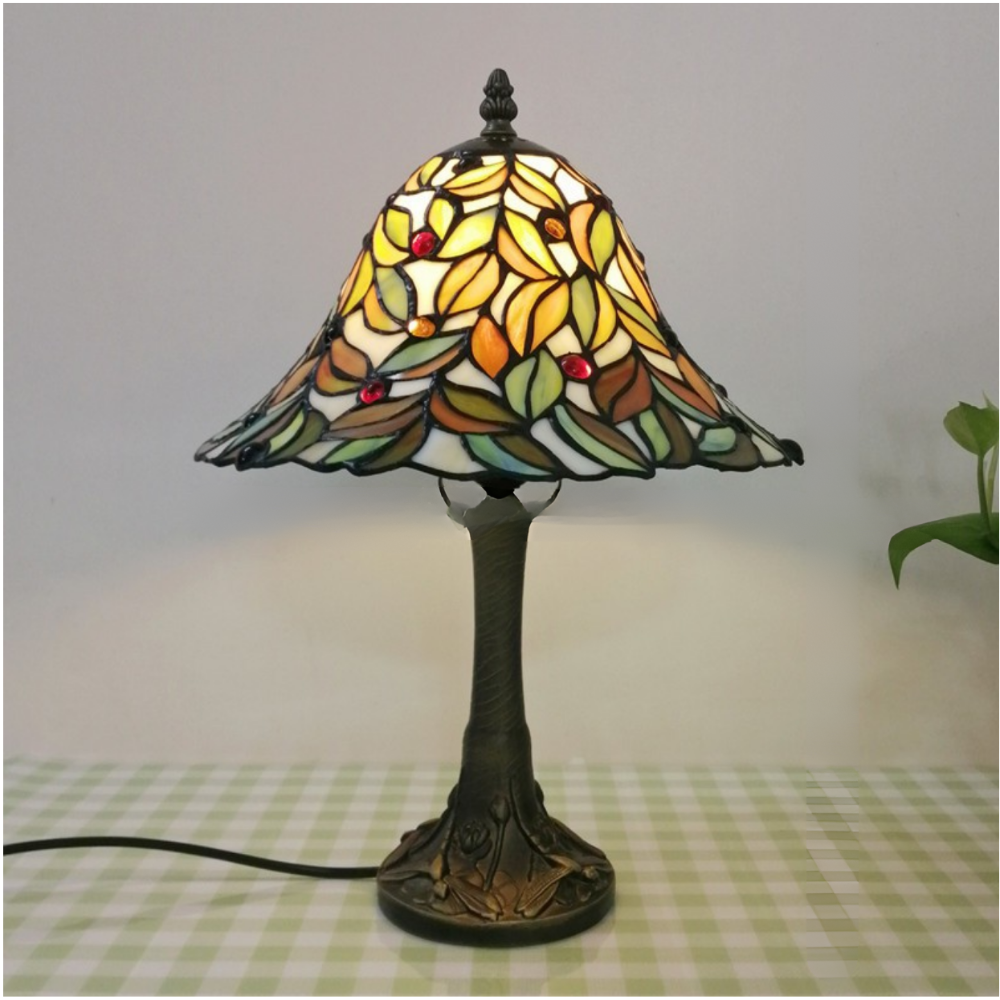 Tiffany Table Lamp - Antique Stained Glass with Leaf Design in Green