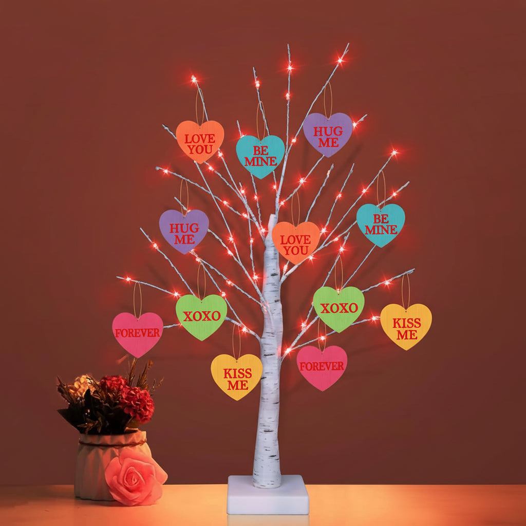 Árvore de São Valentim Iluminada Coração de Madeira Ornamentos Temporizador