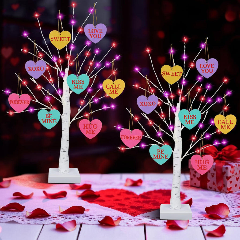 Árvore de São Valentim Iluminada Coração de Madeira Ornamentos Temporizador