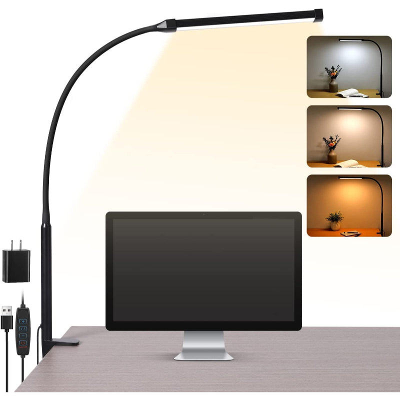 LED Desk Lamp - Oogvriendelijke Bureaulamp met Klem, Flexibele Zwenkarm, 3 Modi, 10 Helderheidsniveaus, USB Adapter