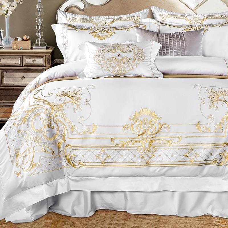 Set Copripiumino Ivy Gold Forest Bianco e Oro (Cotone Egiziano)