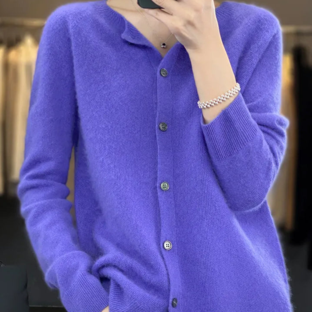 Women's Merino Wool Cardigan Sweater O-Neck Knit Fashion 1