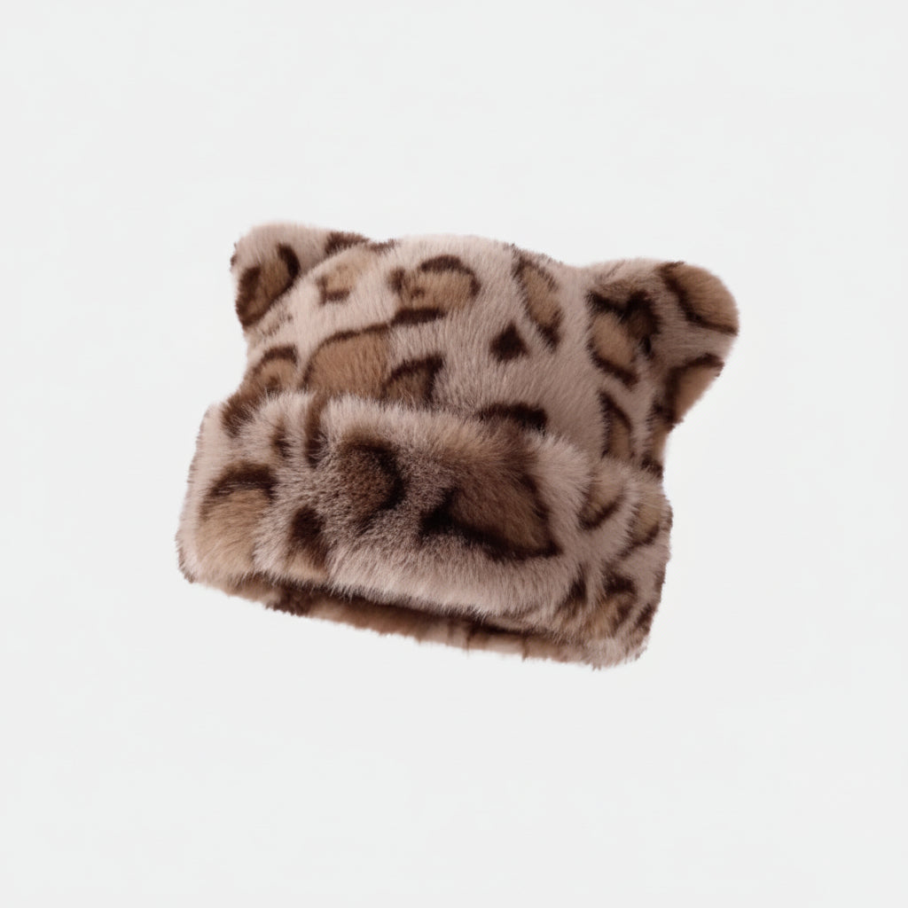Gorro de Inverno Senhora Pêlo Macio Estampado Leopardo Estilo Vintage