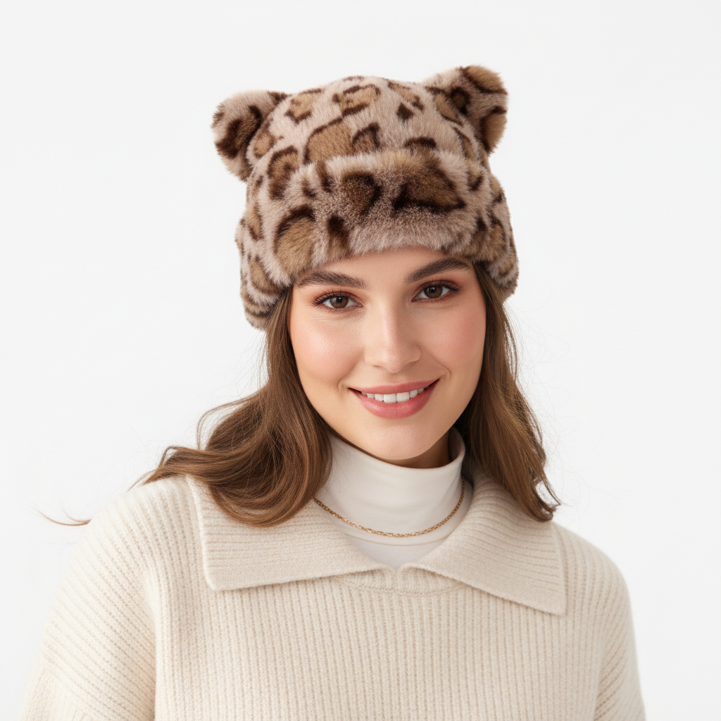 Gorro de Inverno Senhora Pêlo Macio Estampado Leopardo Estilo Vintage