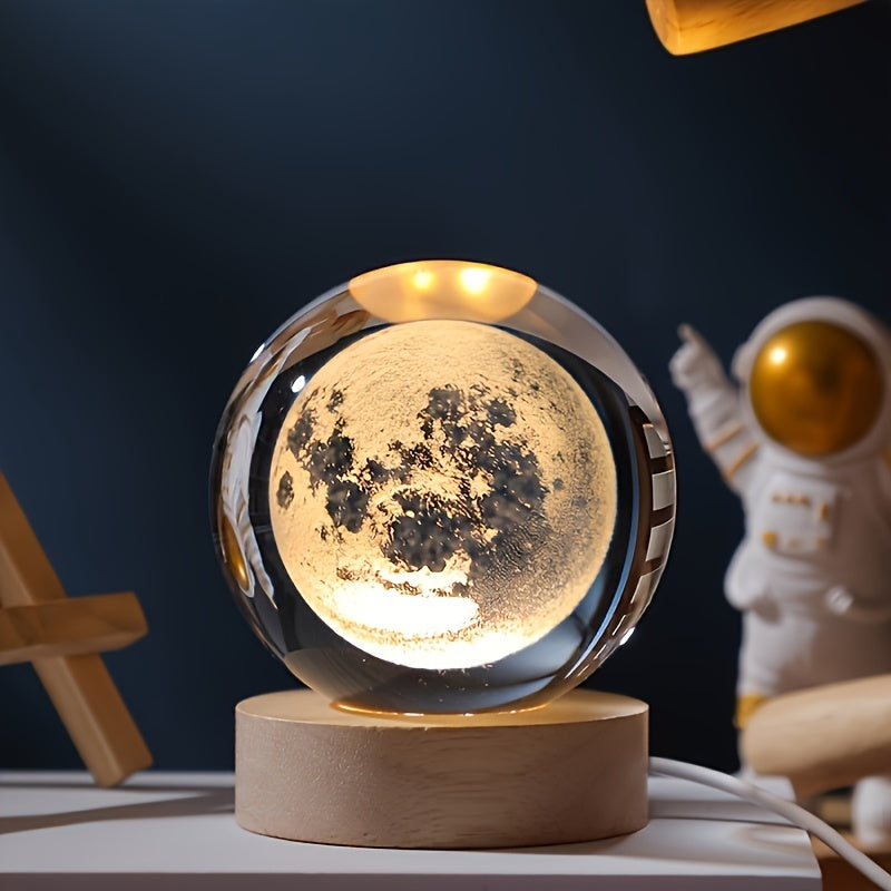 LuminaSphere - Lámpara de mesa LED de bola de cristal 3D con base de madera