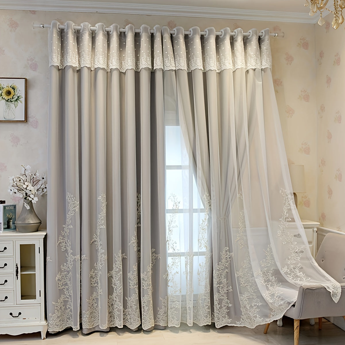 2 Pezzi Tenda Ricamata con Fate Elfiche - Pannelli di Tenda Traslucidi con Tessuto Integrato e Anelli