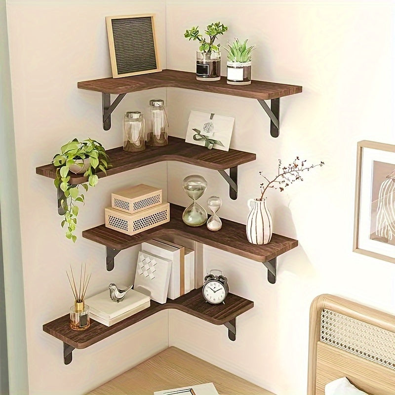 RusticCorner - 3/5 Stuks Zwevende Hoekplank - Houten Wanddecoratie en Opbergrek