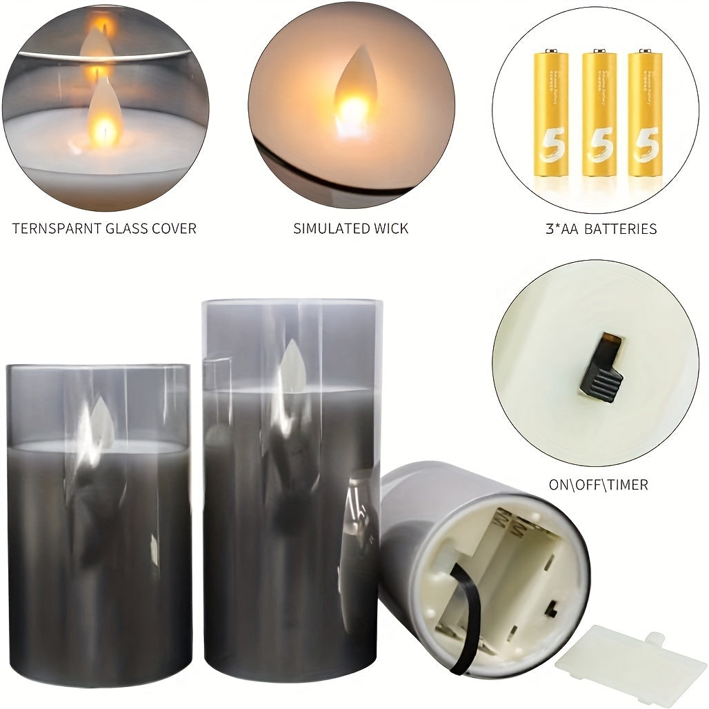 Set di 3 candele senza fiamma a LED, candele a batteria con effetto fiamma tremolante, candele a colonna in cera reale con fiamma mobile, effetto vetro grigio con telecomando e timer, 10,16 cm, 12,7 cm, 15,24 cm, confezione grigia da 3