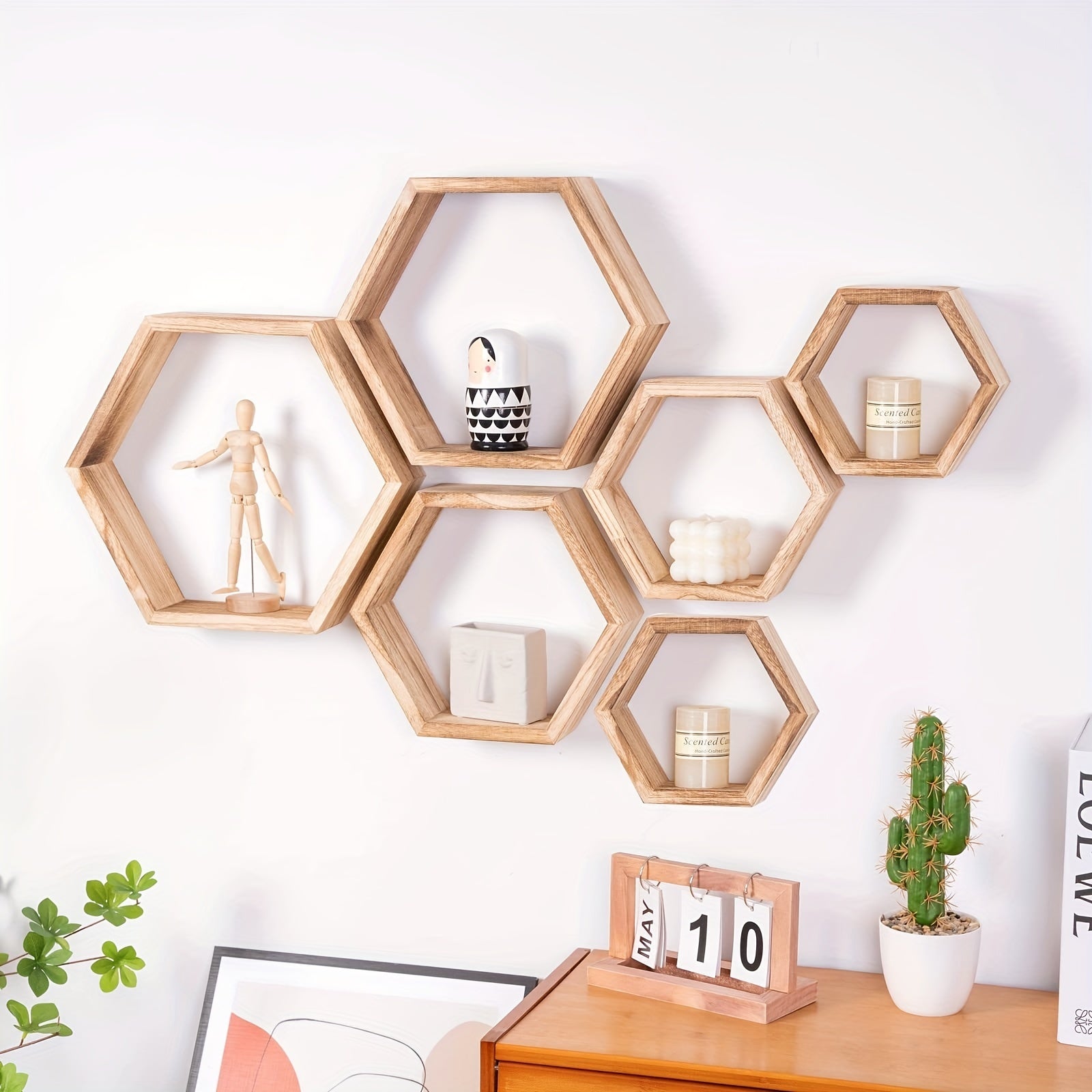 HexaWood - 3 Stuks Houten Zeshoekige Zwevende Wandplanken voor Keuken, Woonkamer & Slaapkamer