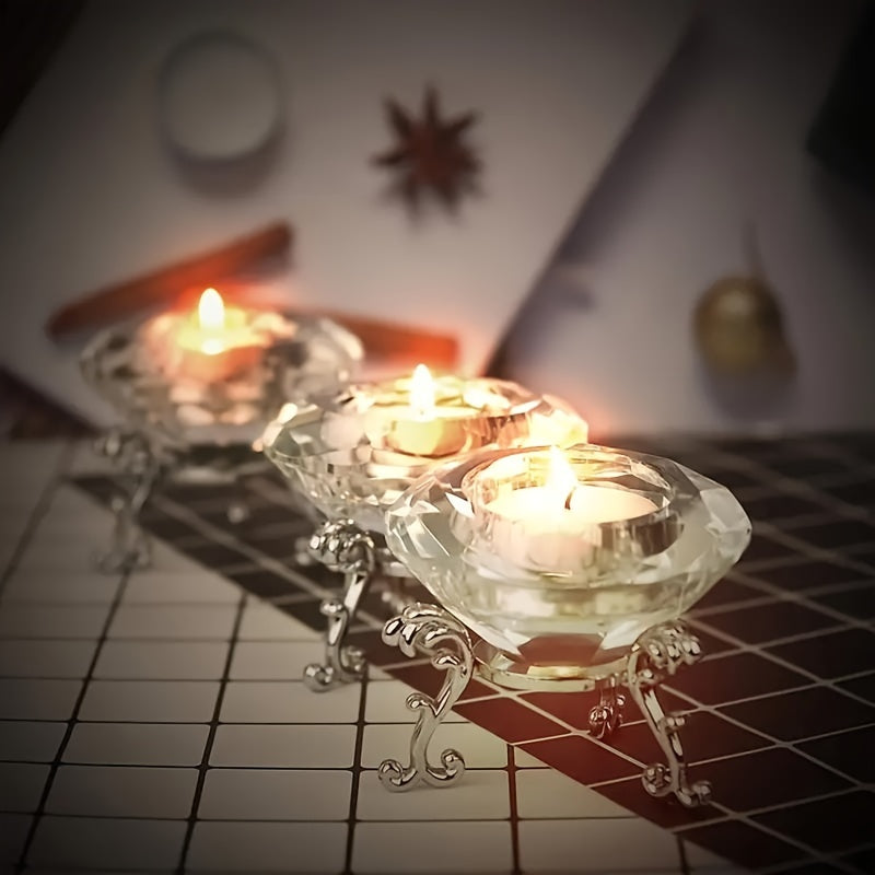 Juego de 2 candelabros de cristal transparentes - estilo europeo, candelabro romántico de diamante con base triangular de metal