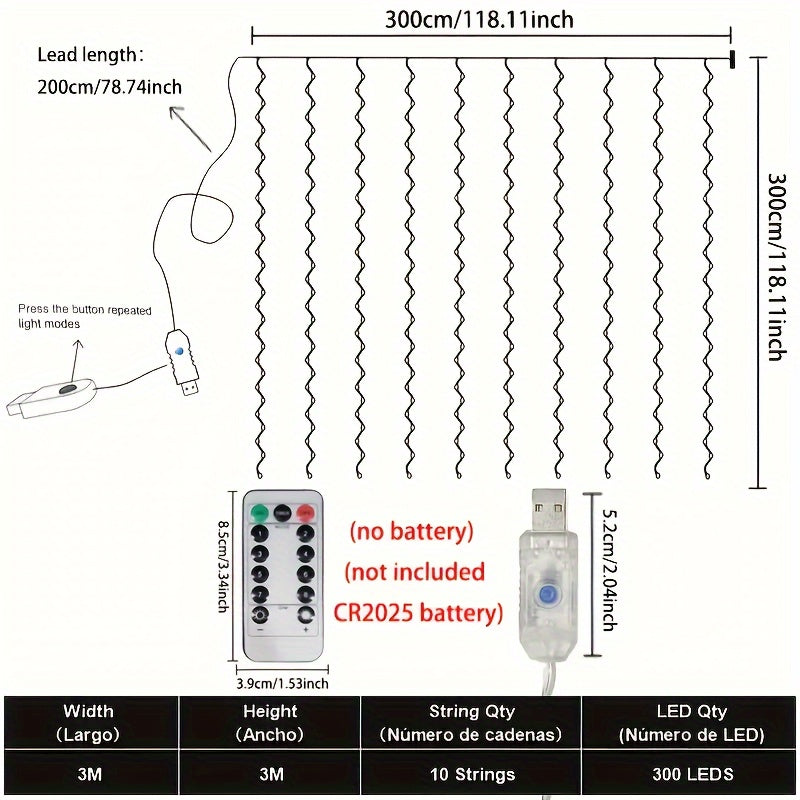 LumiGlow - 300 LED Calde Luci a Tenda USB con Telecomando
