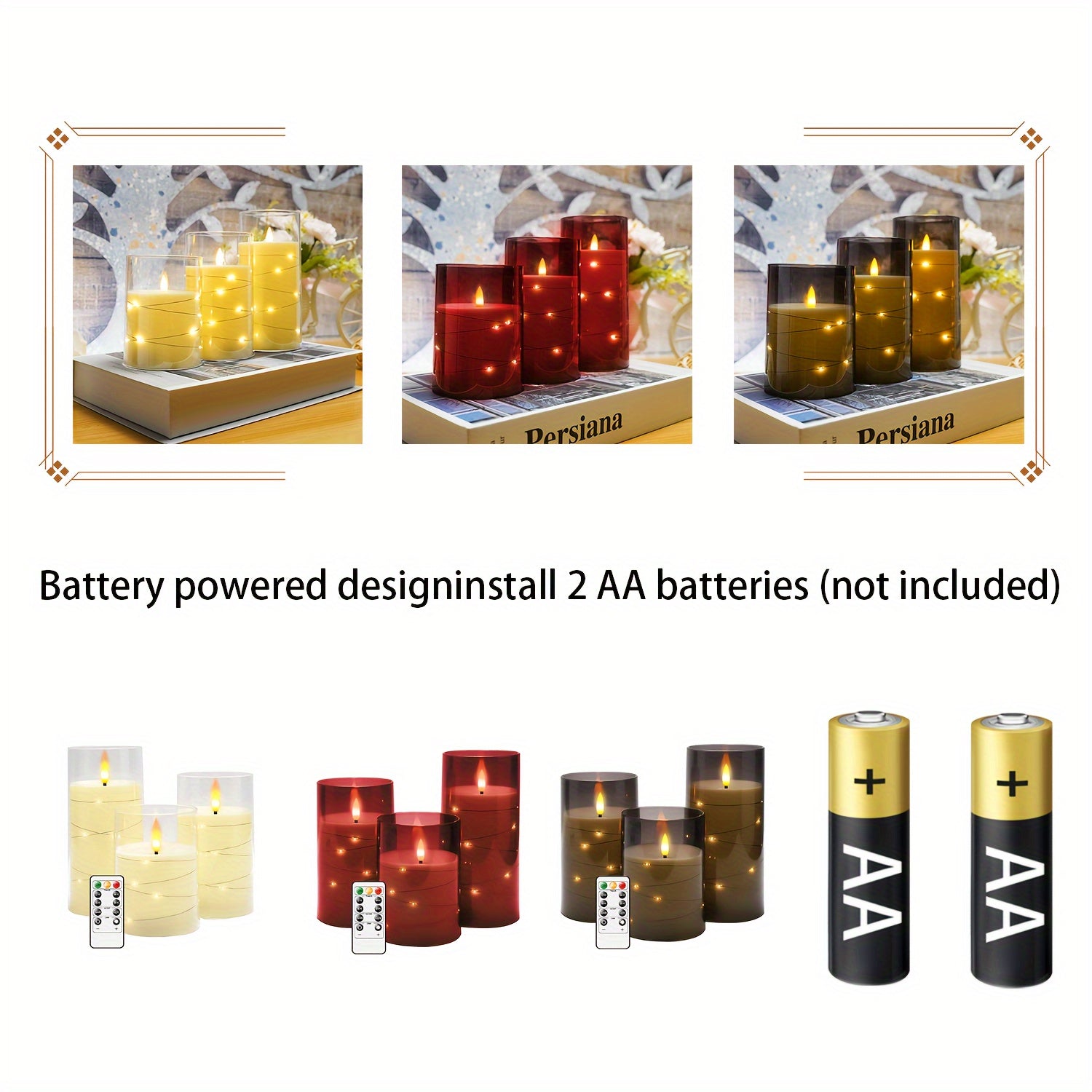 Candele LED senza fiamma con ghirlanda luminosa a forma di stella – Confezione da 3 grigie (D3*H10,16cm12,7cm15,24cm) Include telecomando e timer